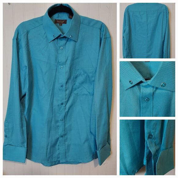 Men HENRI PICARD Blue Single Needle Tailoring French Cuff Dress Shirt Sz 16‎ 1/2 - Picture 3 of 7